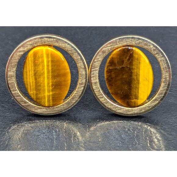 Swank Cuff Links, Gold-tone, Tiger's Eye Stone, Bullet Back Toggle - Picture 1 of 4